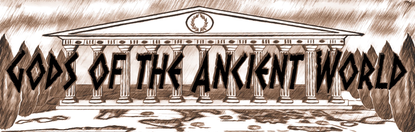 A sepia pencil sketch of a Greek temple with columns